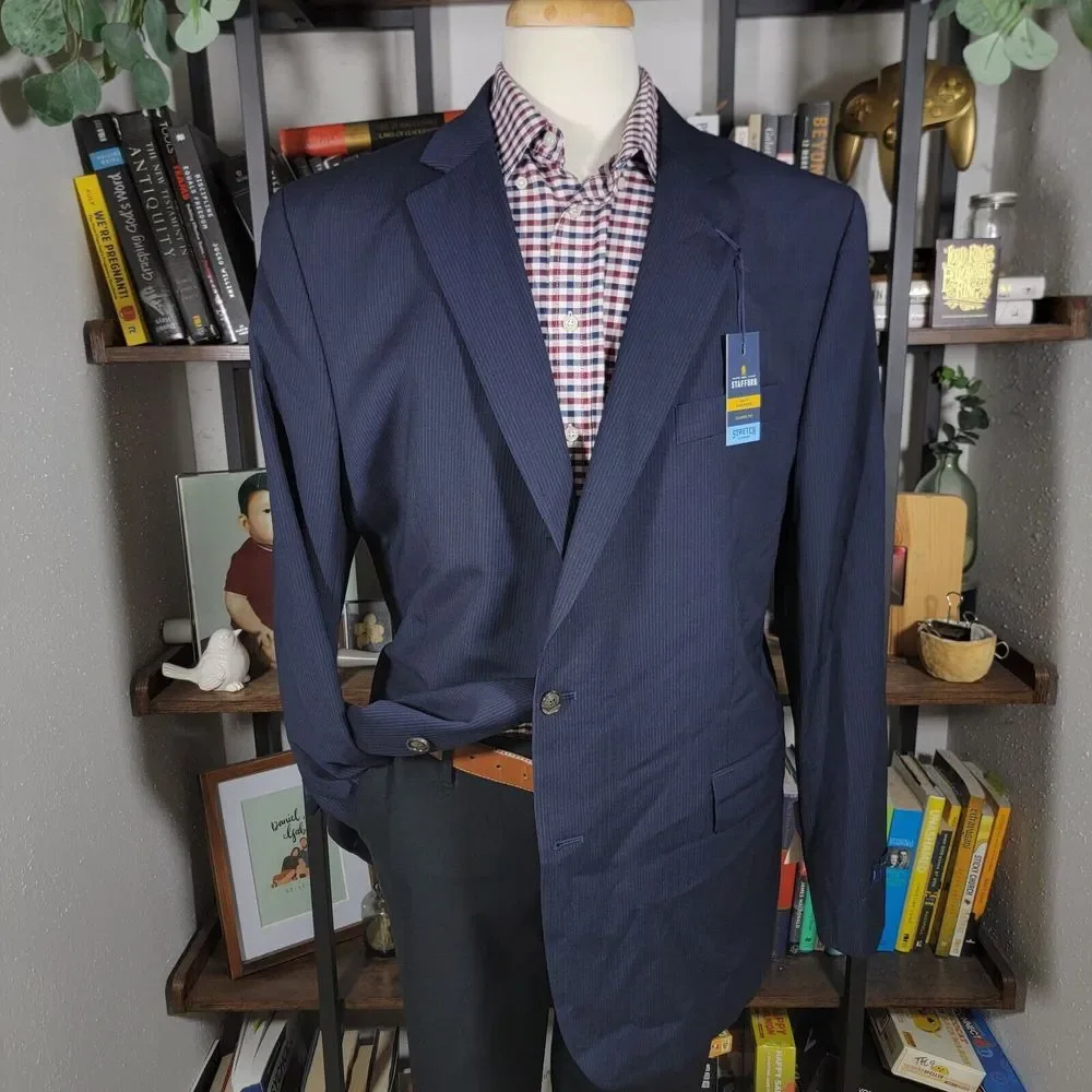 Stafford Stretch Comfort Mens Sport Coat Navy Pinstripe Wool Poly Blend Size 48L